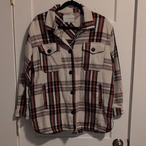 Lucky Brand Plaid Shacket in Red/Orange, Cream and Black